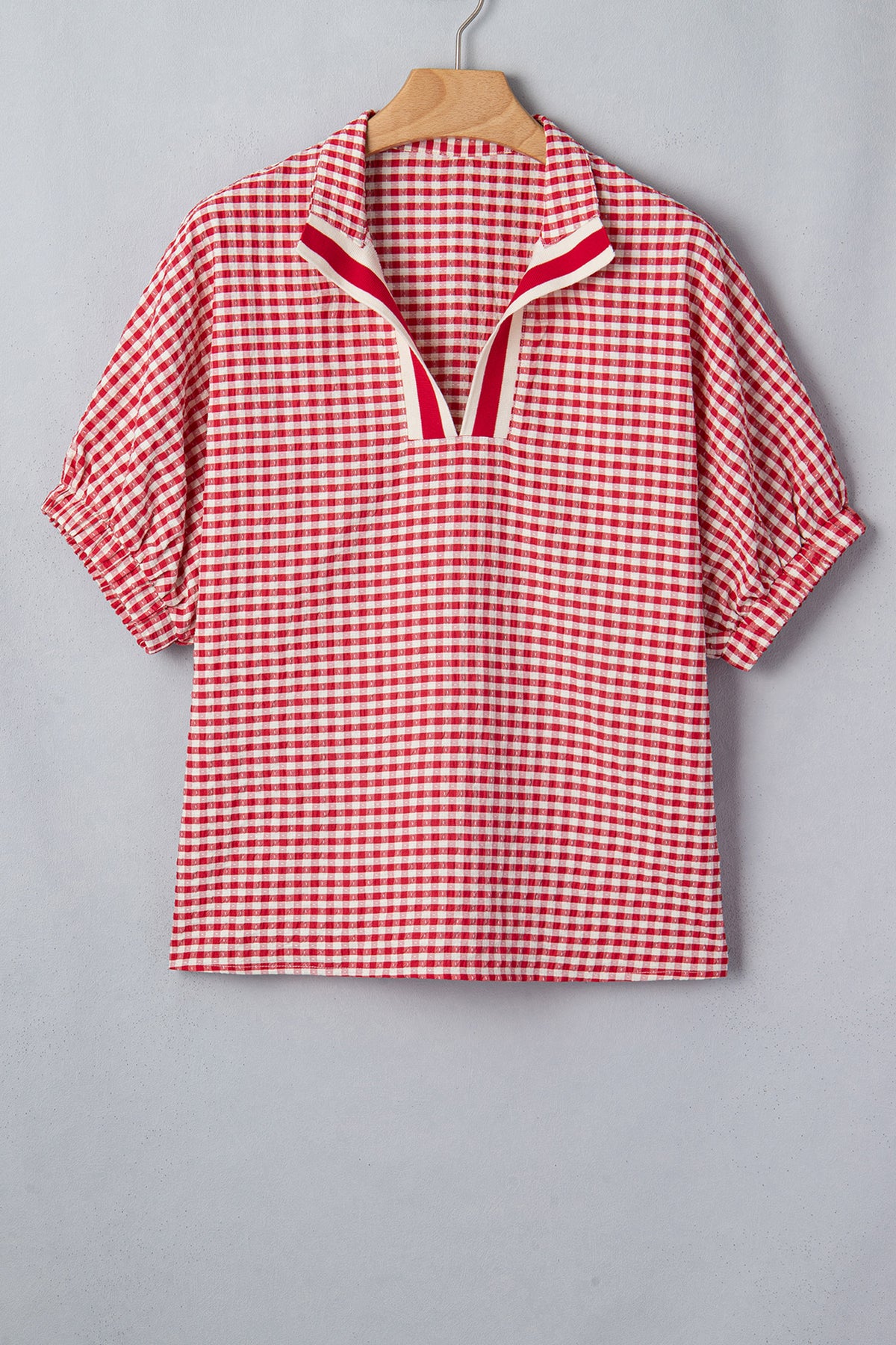 Red Plaid Short Sleeve Colorblock Trim Split Neck Blouse