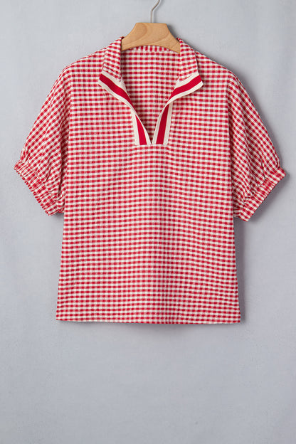 Red Plaid Short Sleeve Colorblock Trim Split Neck Blouse