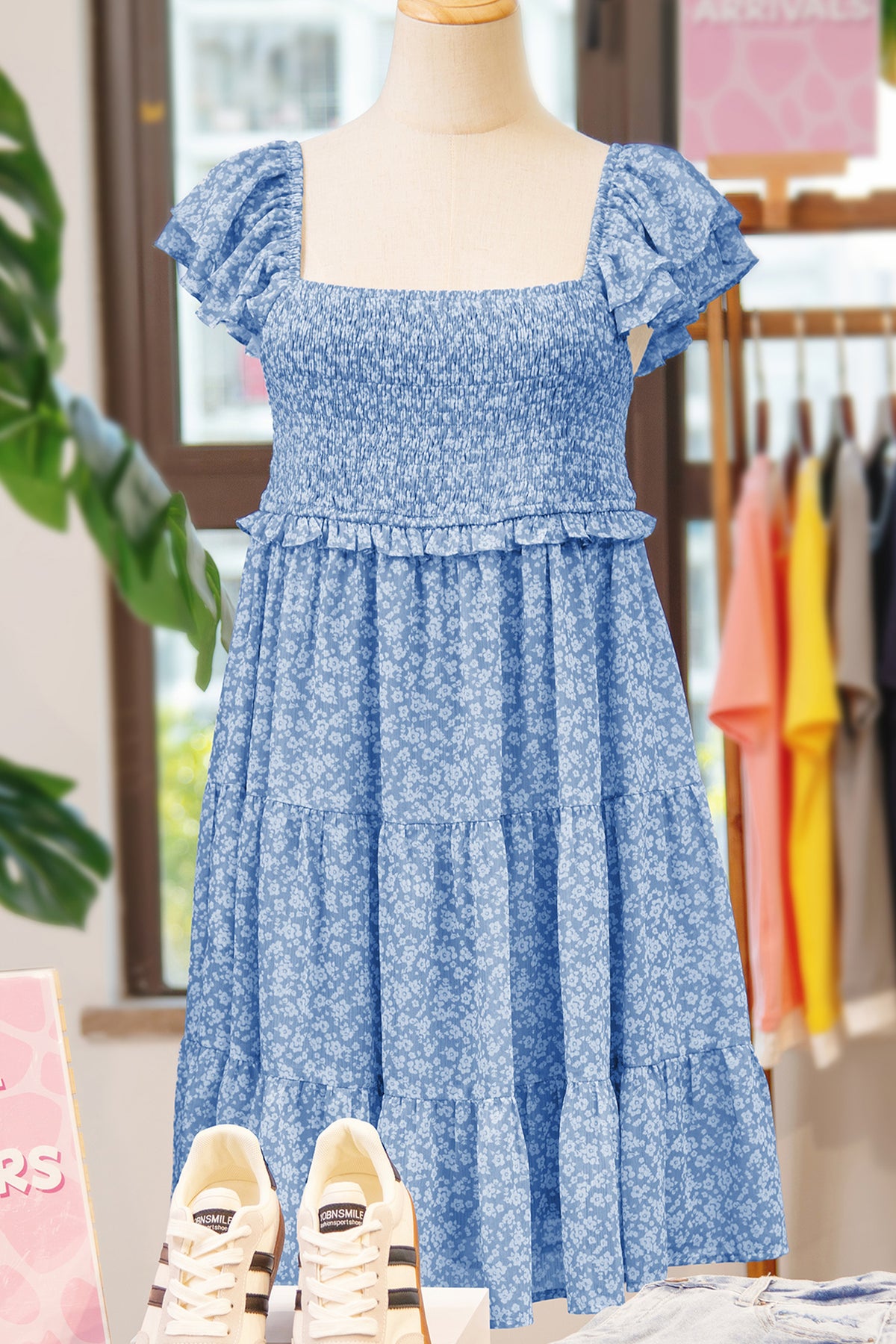 Sky Blue Floral Print Square Neck Flutter Sleeve Smocked Tiered Mini Dress