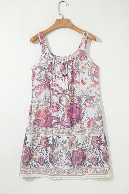 Multicolour Floral Print Fringed Tie U Neck Sleeveless Mini Dress