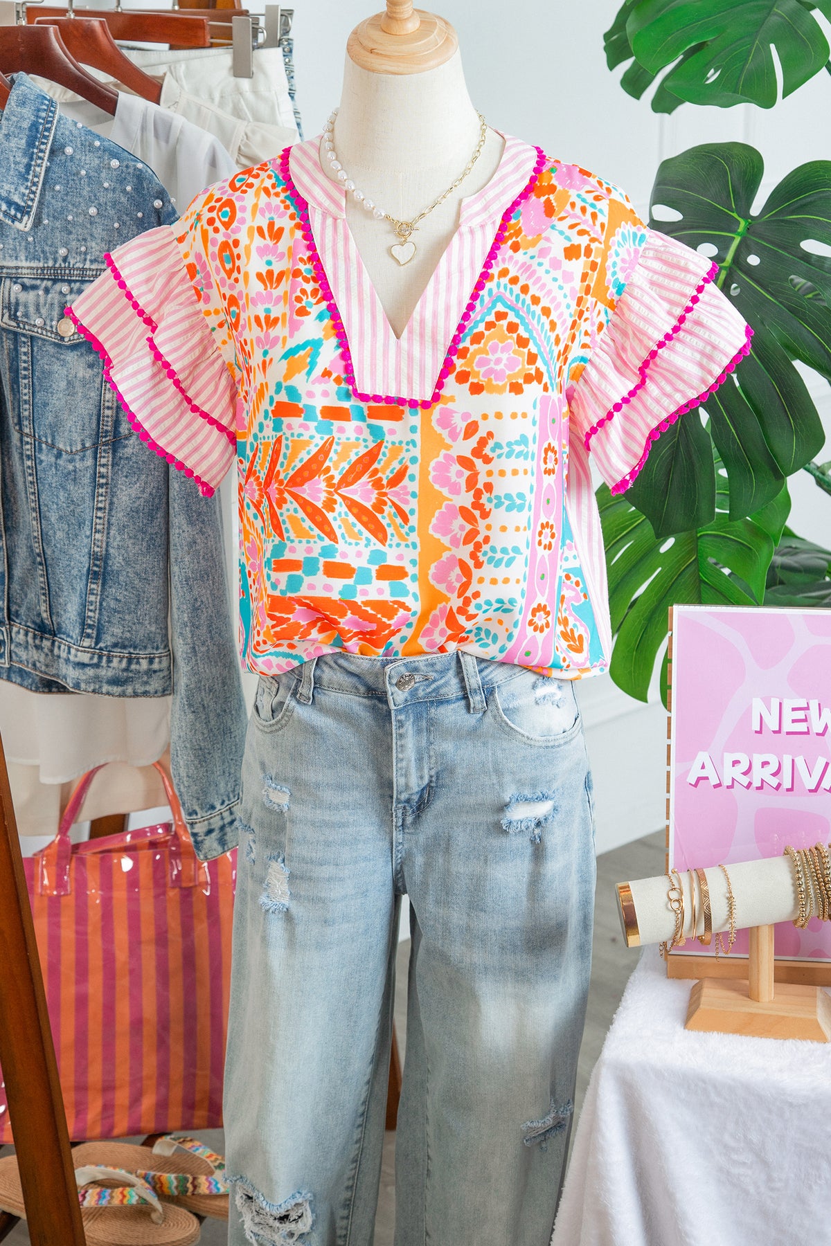Rose Boho Mixed Print Contrast Trim Striped Patchwork Tiered Short Sleeve Blouse