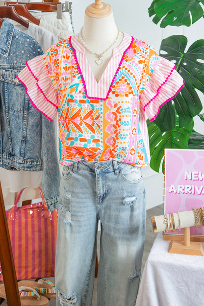 Rose Boho Mixed Print Contrast Trim Striped Patchwork Tiered Short Sleeve Blouse