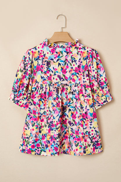 Pink Flower Print Frilled Collar Short Puff Sleeve Summer Blouse