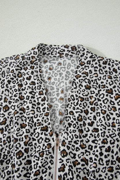 Beige Leopard Zip Front V Neck Cinched Waist Sleeveless Maxi Dress