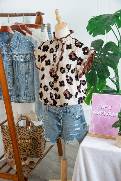 Khaki Leopard Printed Ruffle Sleeve Summer Blouse