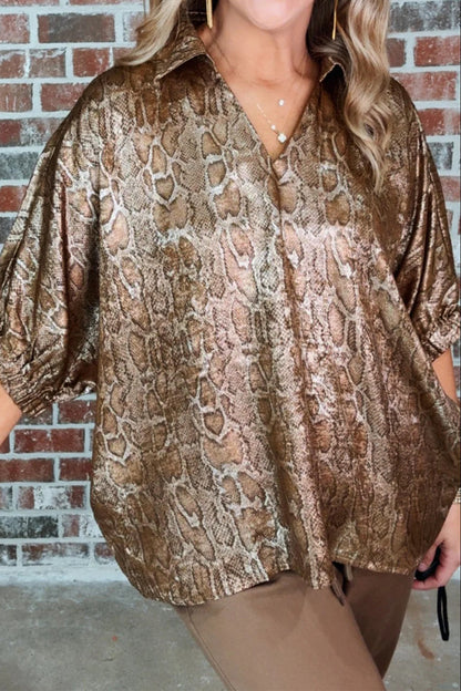 Brown Polo Collared V Neck Short Sleeve Metallic Leopard Blouse