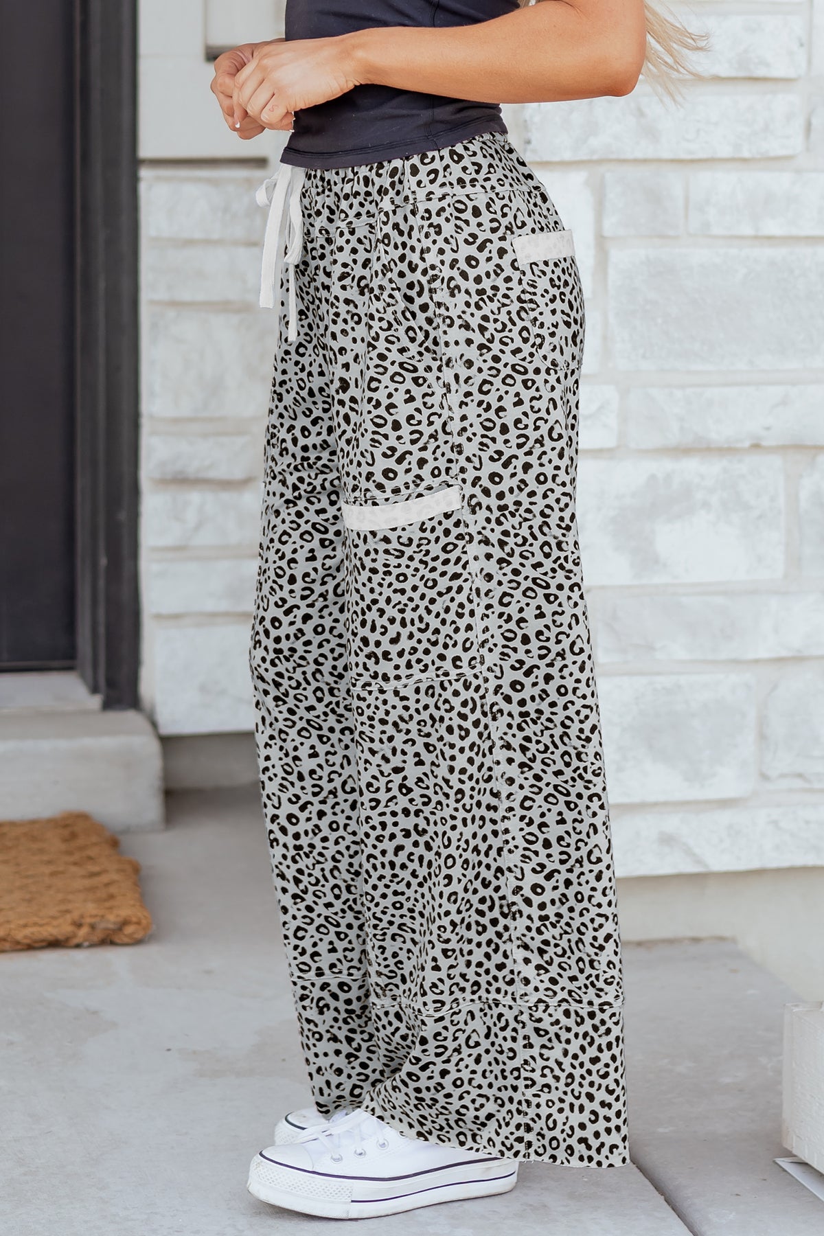 Khaki Animal Print Wide Leg Terry Knit Pants