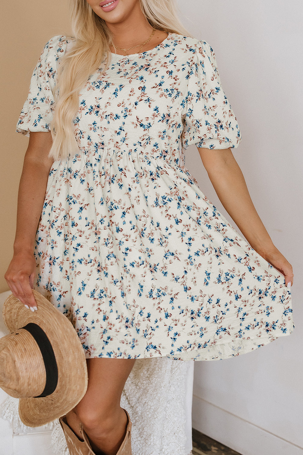 Beige Floral Puff Short Sleeve Empire Waist Mini Dress