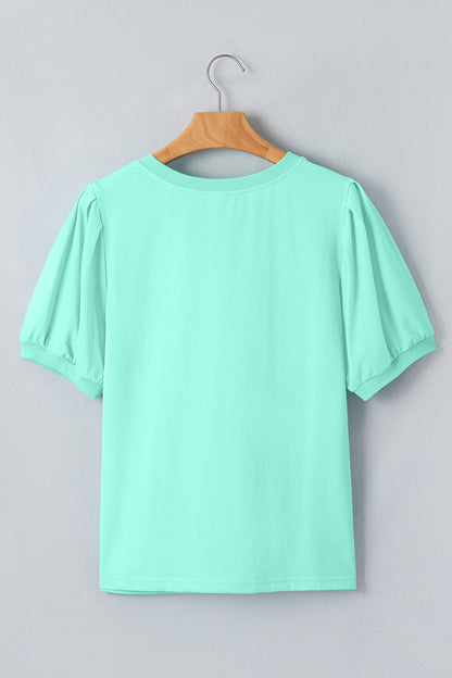 Bonbon Solid Color V Neck Short Puff Sleeve Blouse