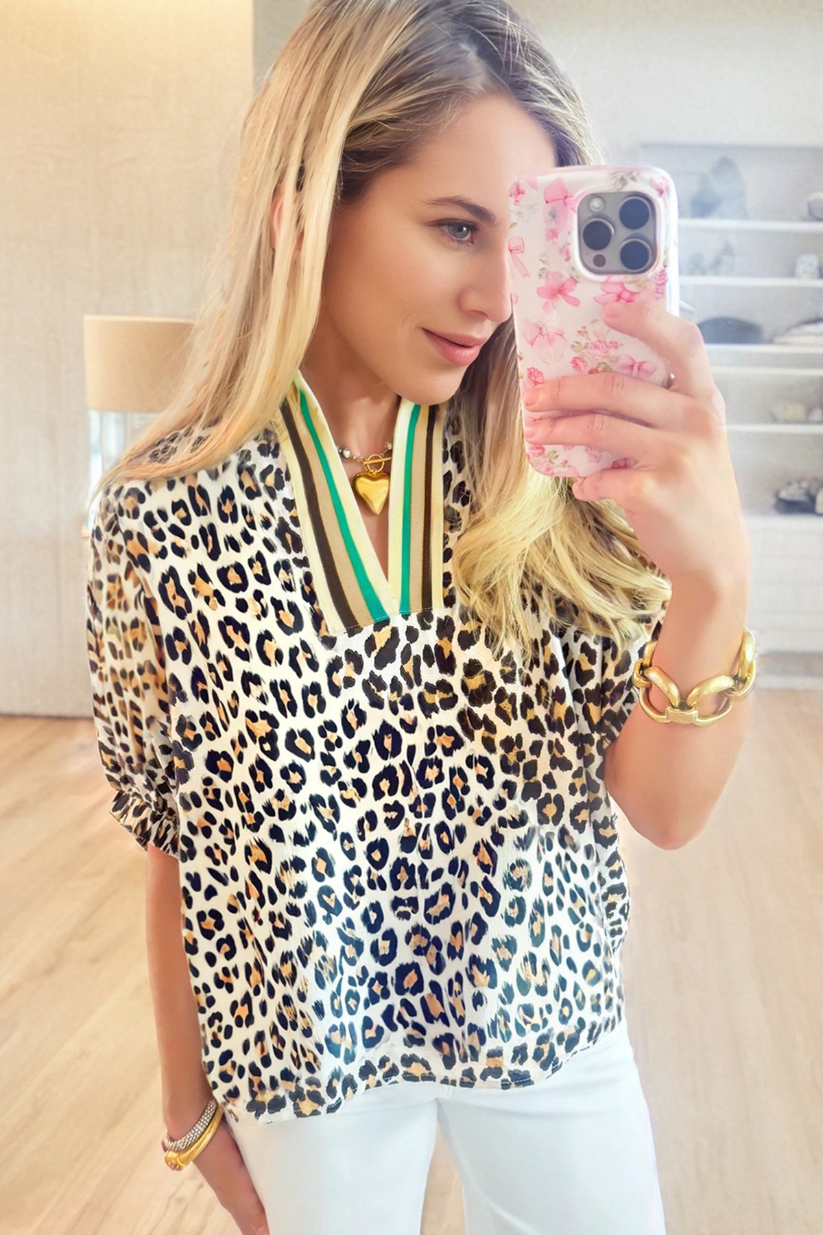 Sky Blue Leopard Color Block Contrast Striped V Neck Half Sleeve Loose Fit Blouse