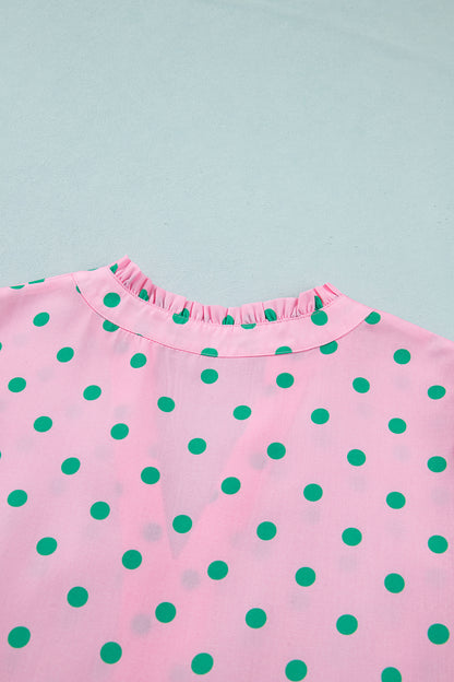 Pink Polka Dot Print V Neck Short Sleeve Tiered Mini Dress