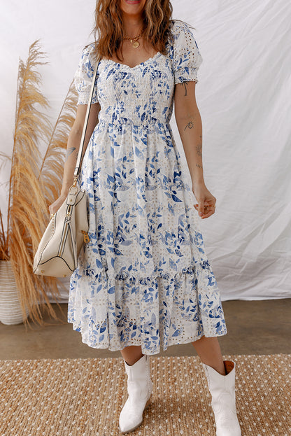Sky Blue Smocked Bodice Short Puff Sleeve Tiered Floral Midi Dress