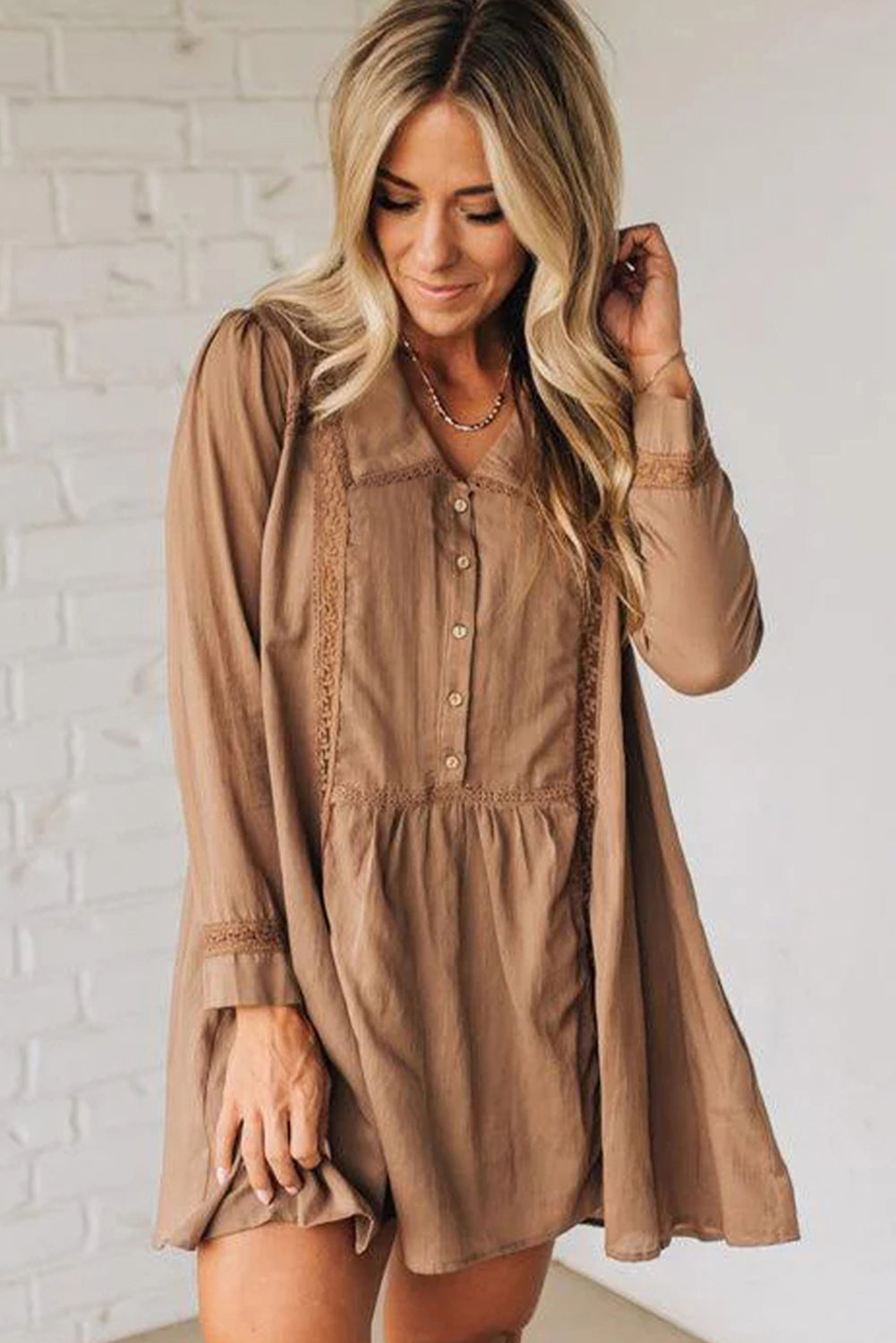 Straw Yellow Lace Trim Peter Pan Collar Long Sleeve Mini Shirt Dress