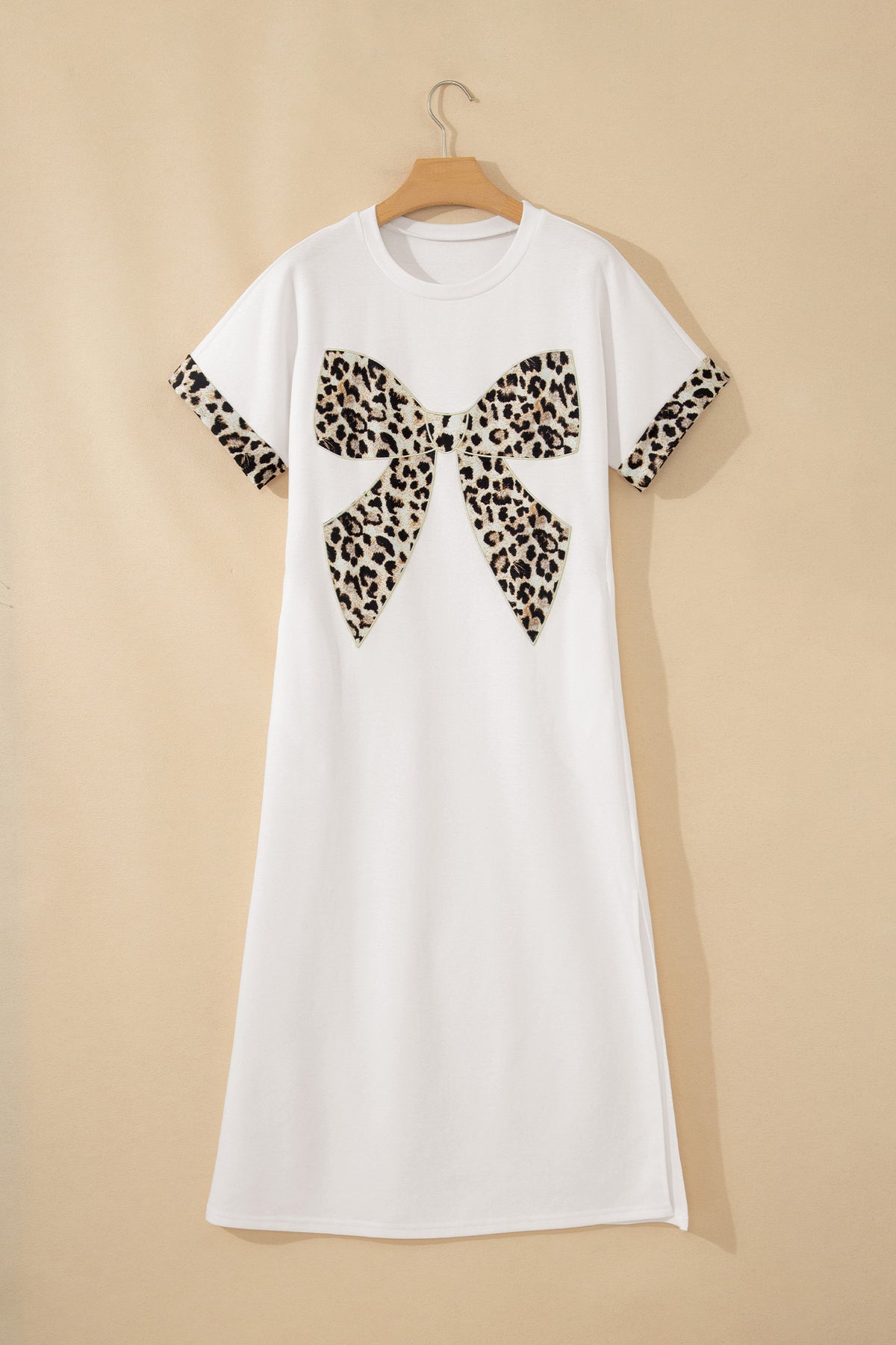 White Contrast Leopard Bow Patched Short Sleeve T Shirt Long Dress