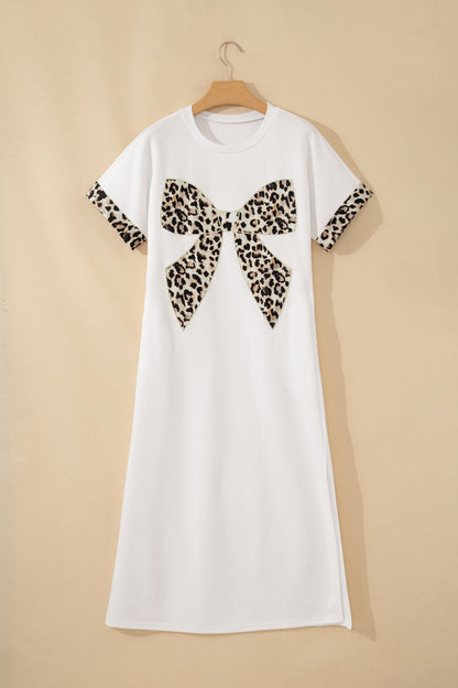 White Contrast Leopard Bow Patched Short Sleeve T Shirt Long Dress