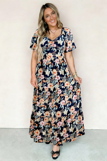 Blue Short Sleeve Smocked Detail High Waist Floral Maxi Dress