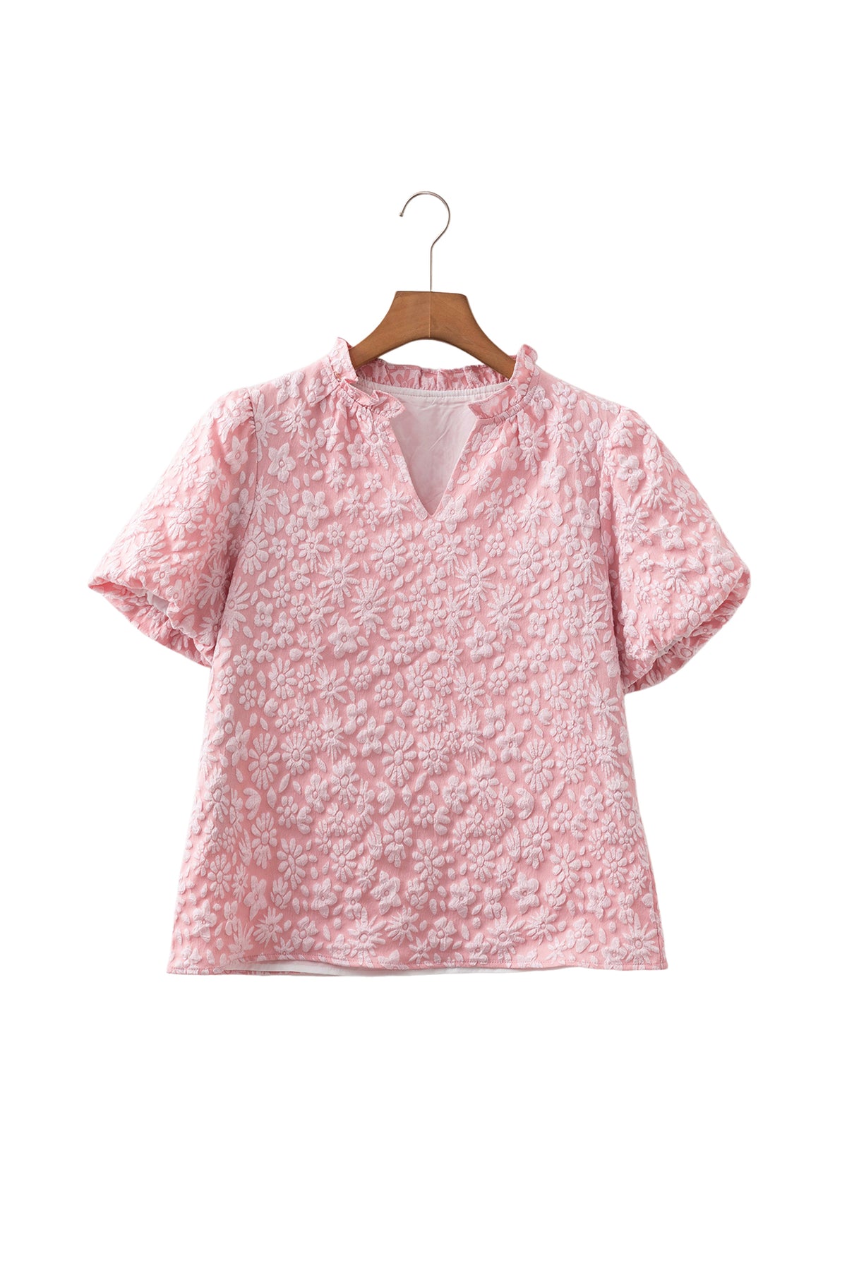Iceland Blue Floral Textured Jacquard Puff Sleeve Blouse