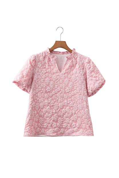 Iceland Blue Floral Textured Jacquard Puff Sleeve Blouse