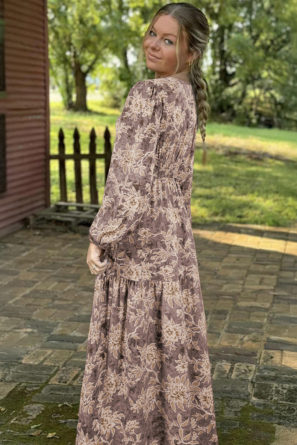 Brown Floral Print Smocked High Waist Long Sleeve Maxi Dress
