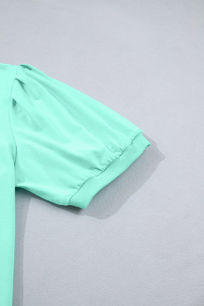 Bonbon Solid Color V Neck Short Puff Sleeve Blouse