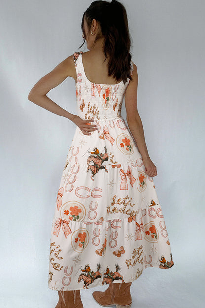 White Western Horseshoe Print U-Neck Sleeveless Midi Dress