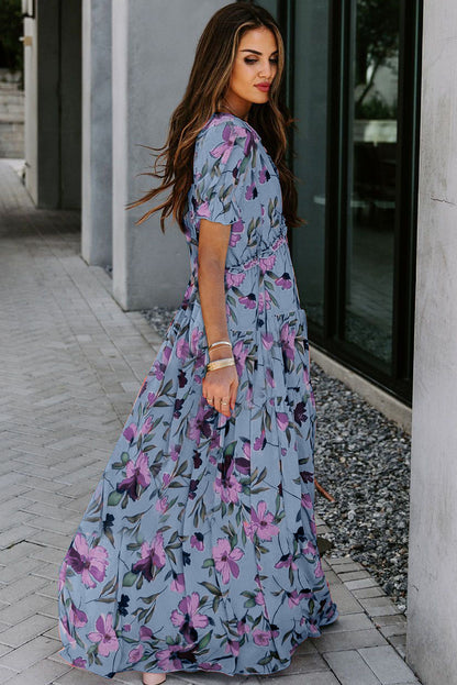Sky Blue Fiery Floral Print Frilled V Neck Short Sleeve Maxi Dress