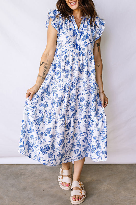 Blue Ruffled Short Sleeve Tiered Floral Midi Dress