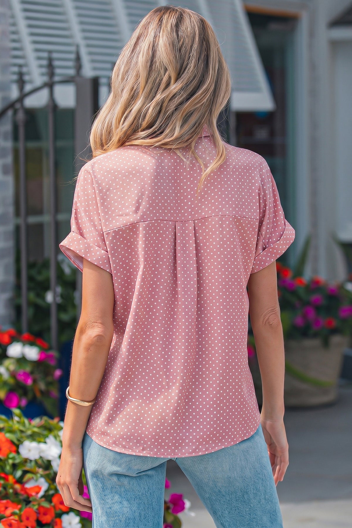 Sky Blue Dotted Print Cuffed Short Sleeve Shirt