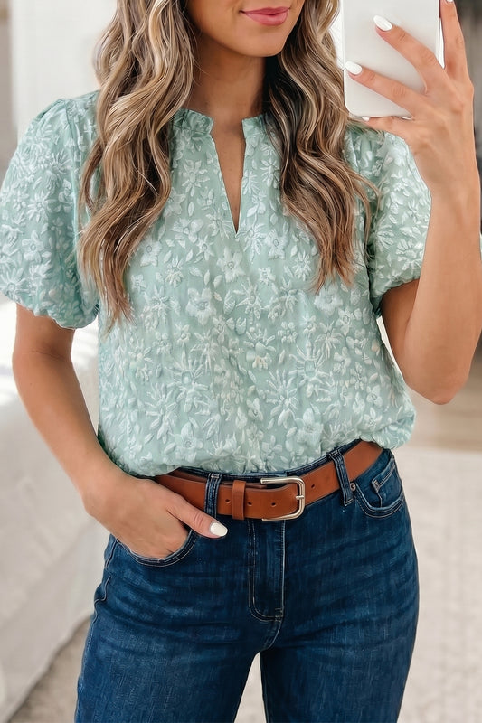 Iceland Blue Floral Textured Jacquard Puff Sleeve Blouse