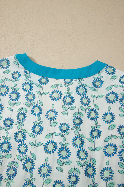 Green Sunflower Printed Contrast Trim V Neck Flutter Sleeve Blouse