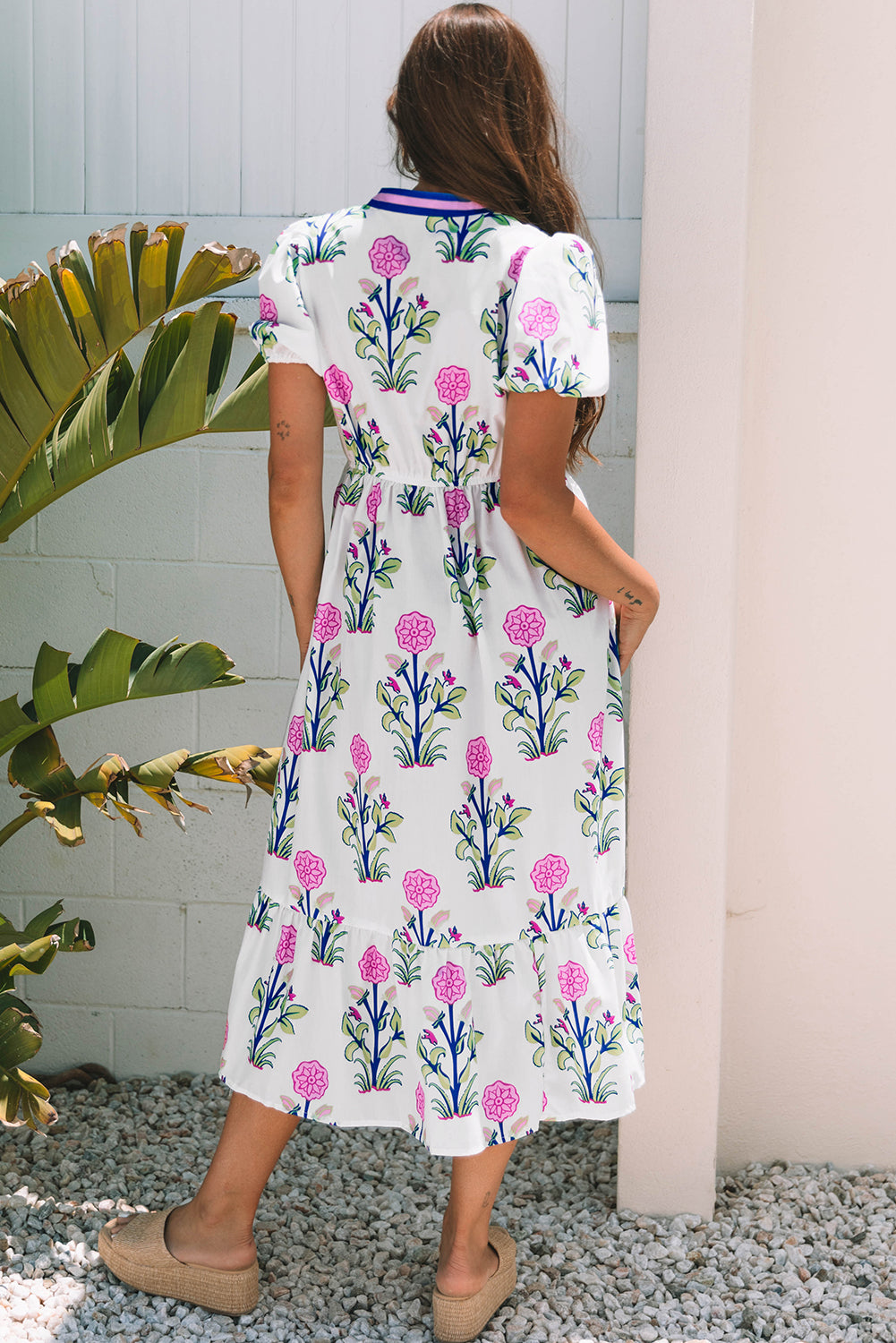 Blue Floral Puff Short Sleeve V Neck High Waist Maxi Dress