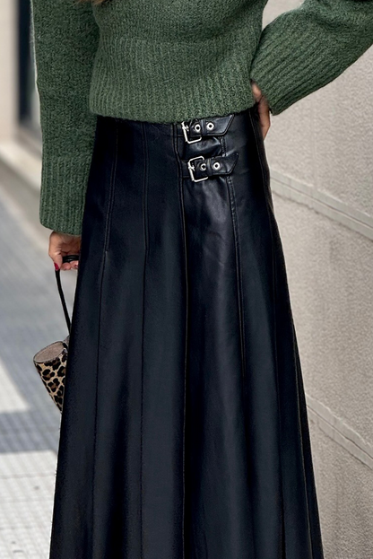 Black Faux Leather Retro Buckle Detail Pleated Stitch Flared Midi Skirt