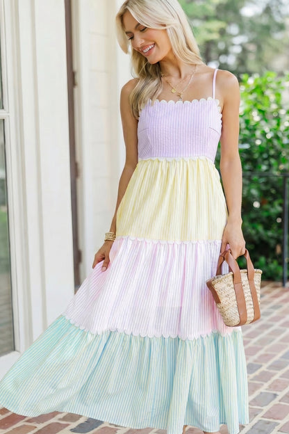 Multicolour Striped Colorblock Adjustable Strap Scalloped Detail Long Dress