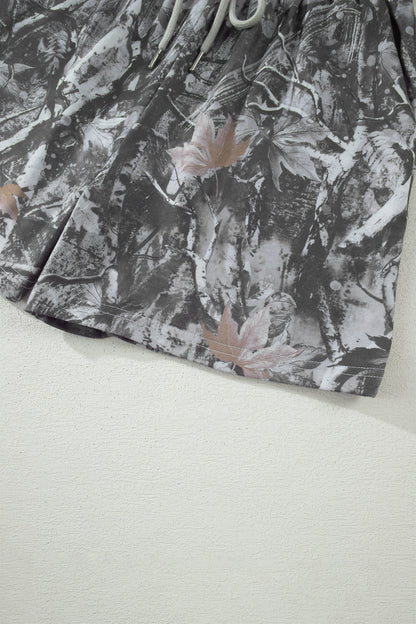 Gray Abstract Maple Leaf Printed Tie Elastic Waist Shorts