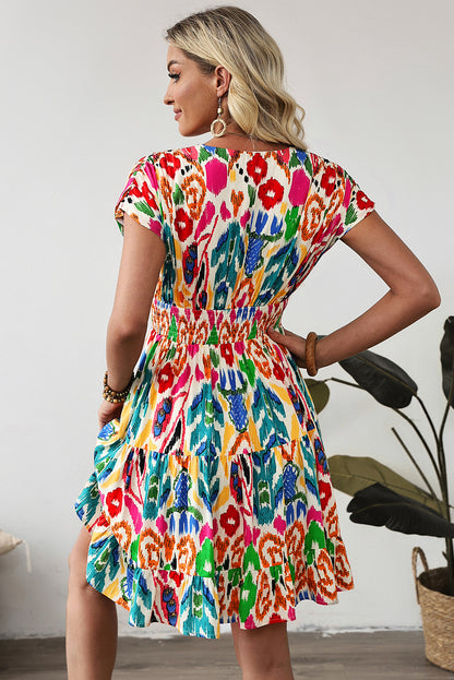 Sky Blue Abstract Print V Neck Dolman Sleeve Ruffle Tiered Mini Dress