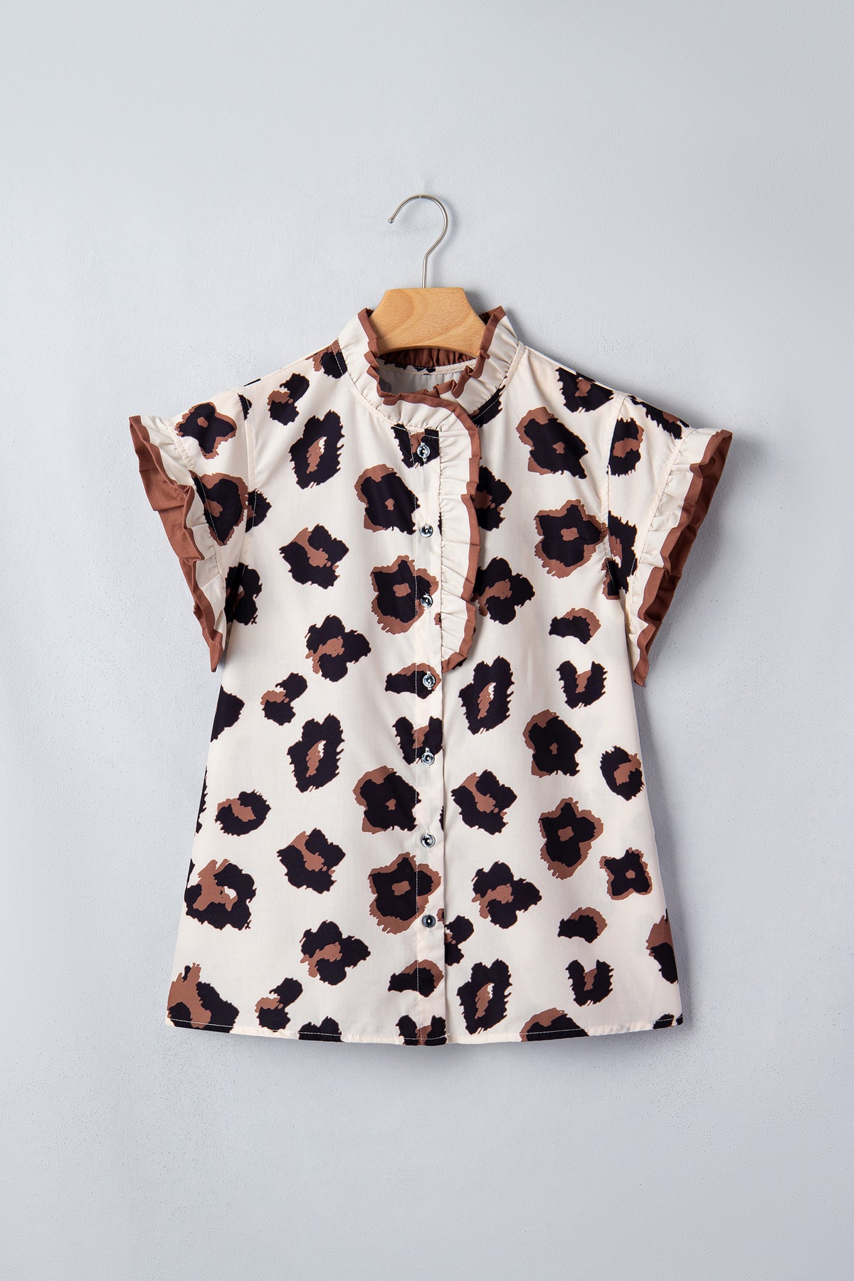 Khaki Leopard Printed Ruffle Sleeve Summer Blouse