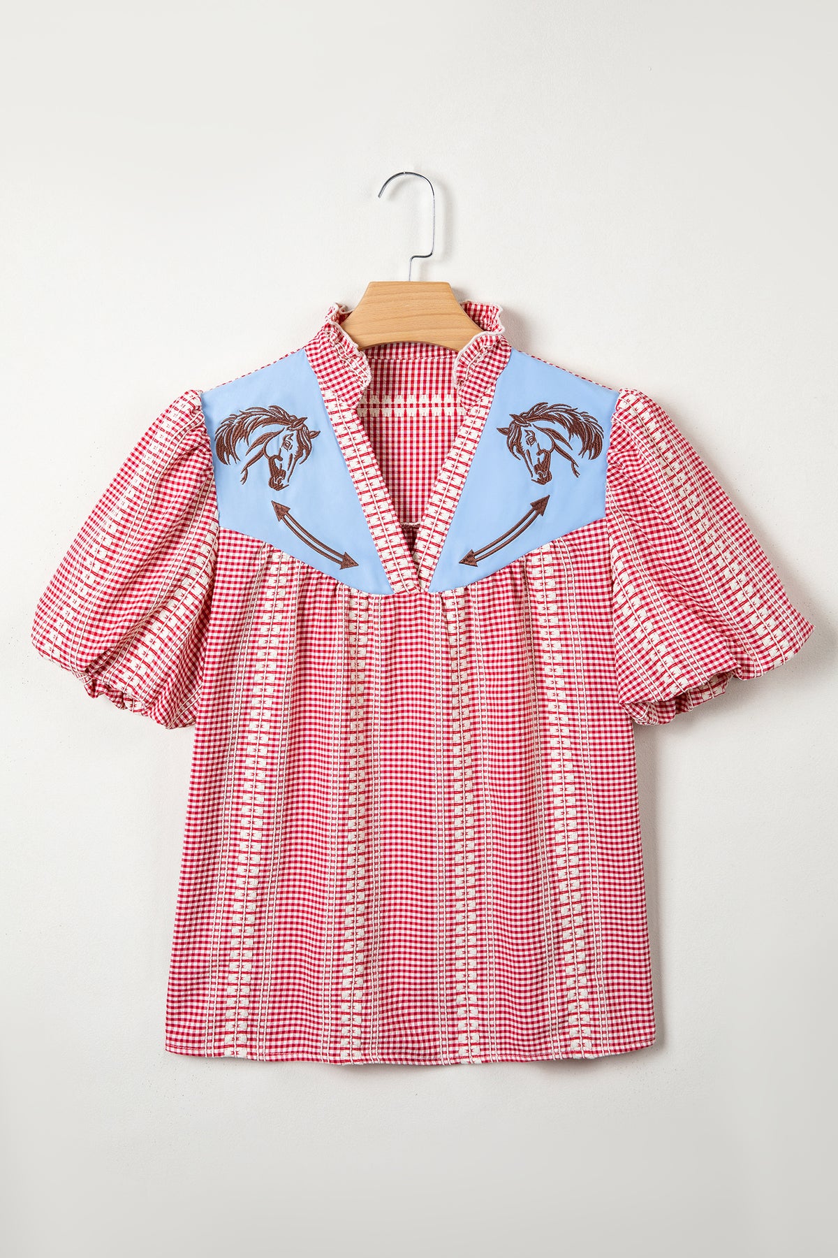 Brown Western Pony Embroidered Yoke Puff Sleeve Gingham Blouse