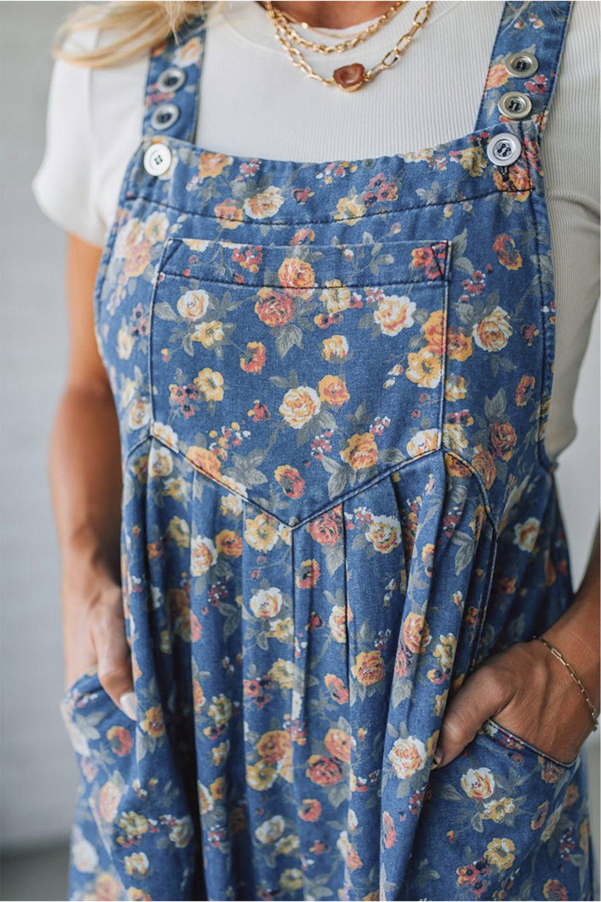Blue Vintage Rose Printed Pleated Loose Denim Overall Jumpsuit