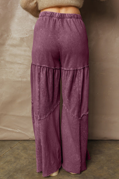 Black Mineral Wash Tiered Wide Leg Patchwork Drawstring Pants