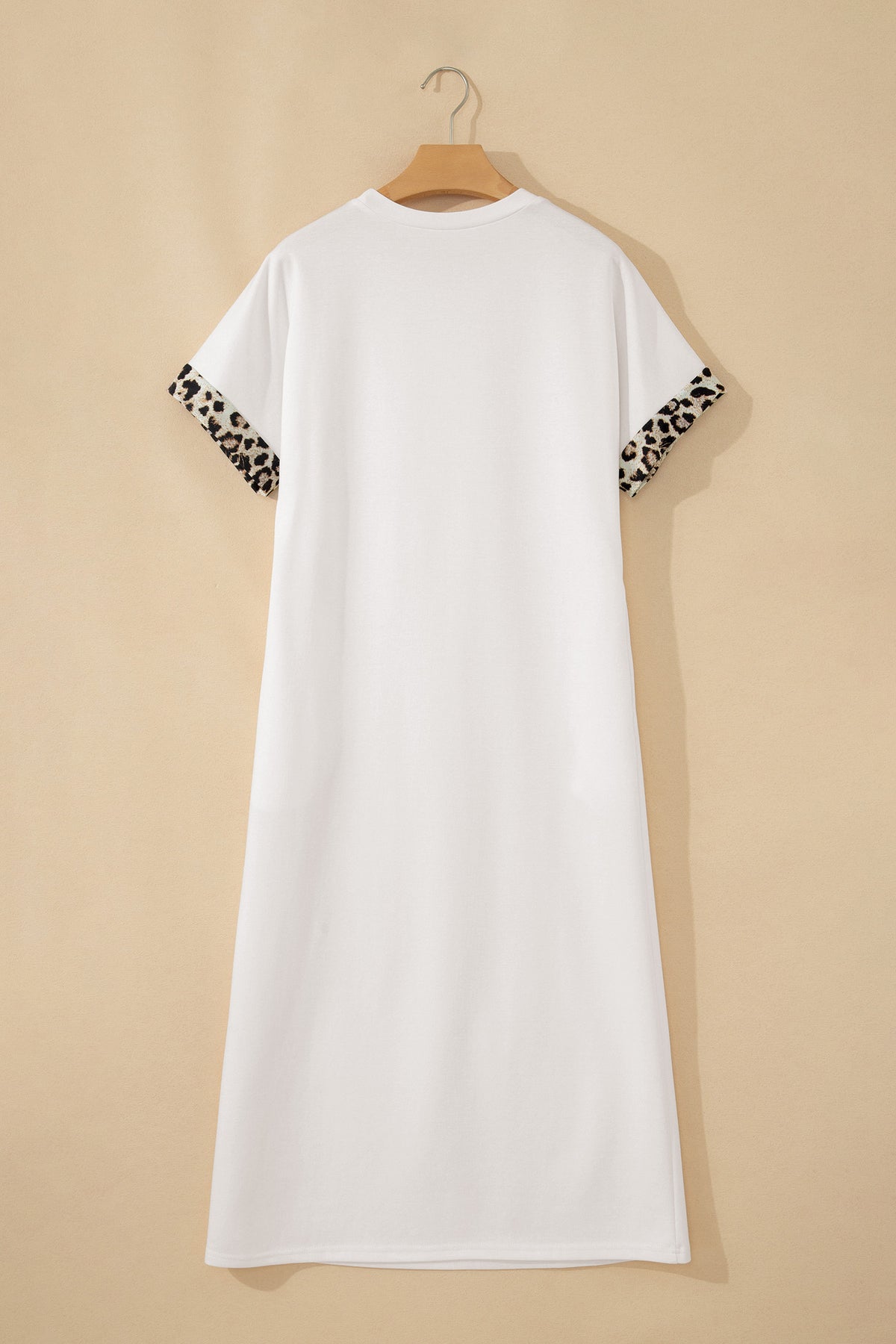 White Contrast Leopard Bow Patched Short Sleeve T Shirt Long Dress