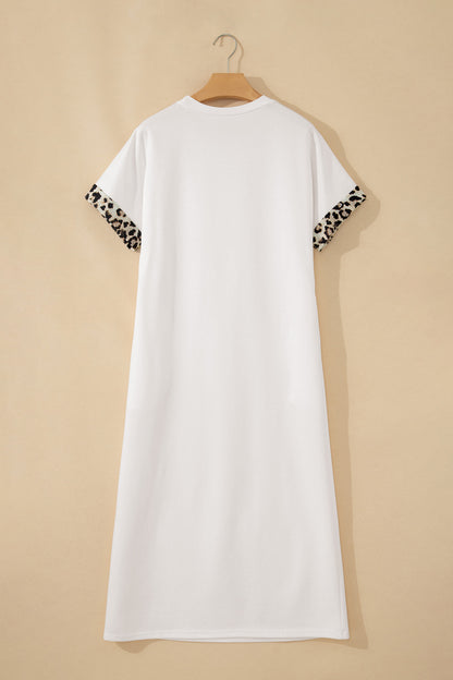 White Contrast Leopard Bow Patched Short Sleeve T Shirt Long Dress