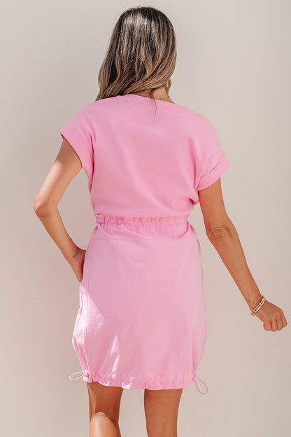 Bonbon Cuffed Short Sleeve Mix Fabric Patchwork Drawstring Mini Dress