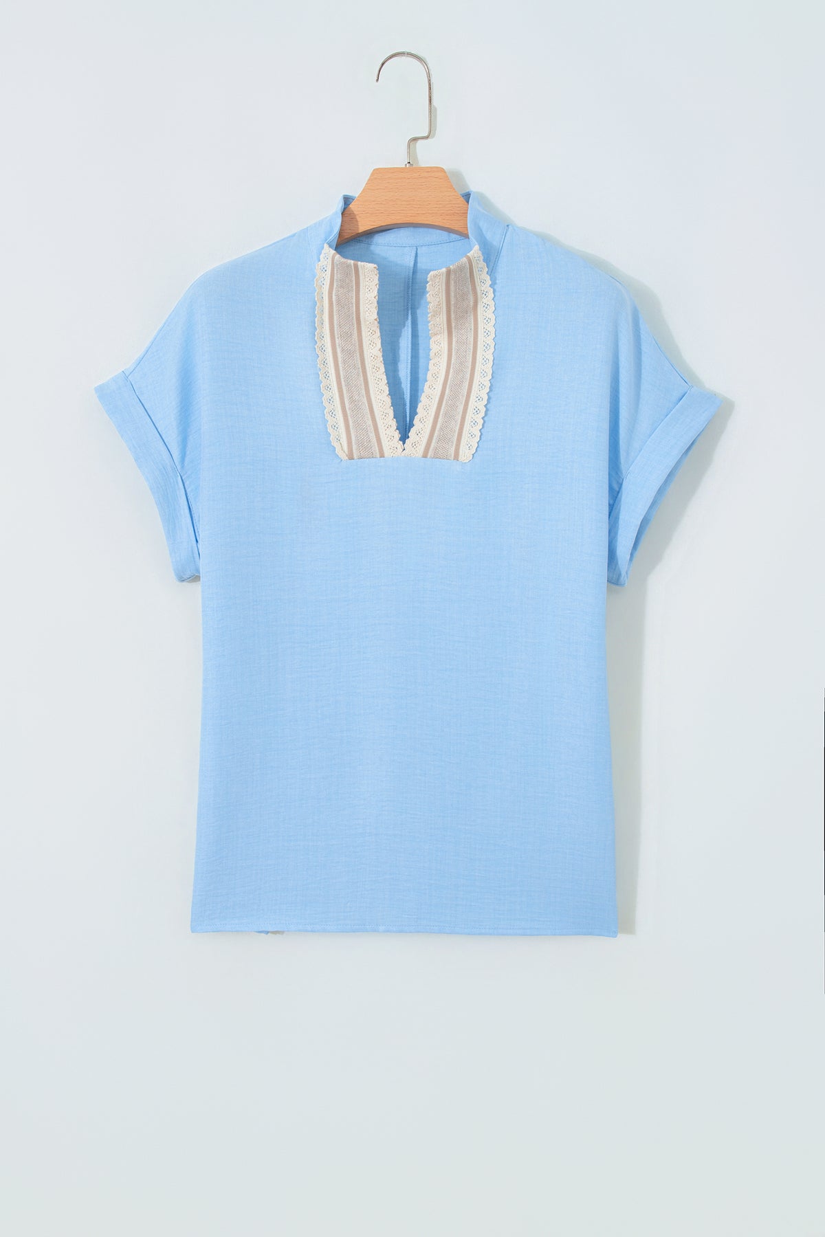 Parchment Crochet Lace Accent Pullover Rolled Short Sleeve Blouse