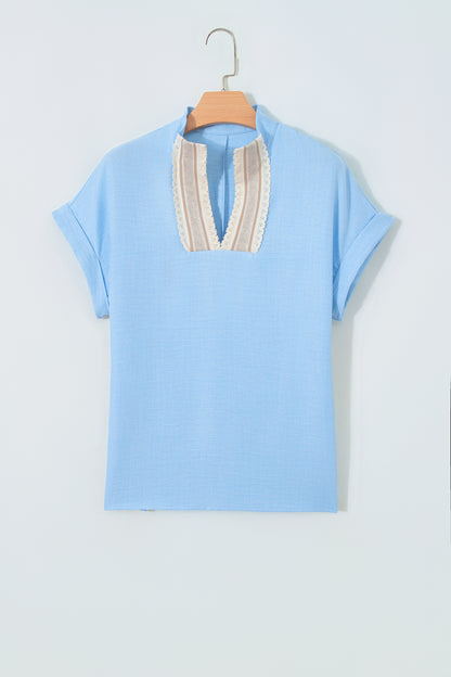 Parchment Crochet Lace Accent Pullover Rolled Short Sleeve Blouse