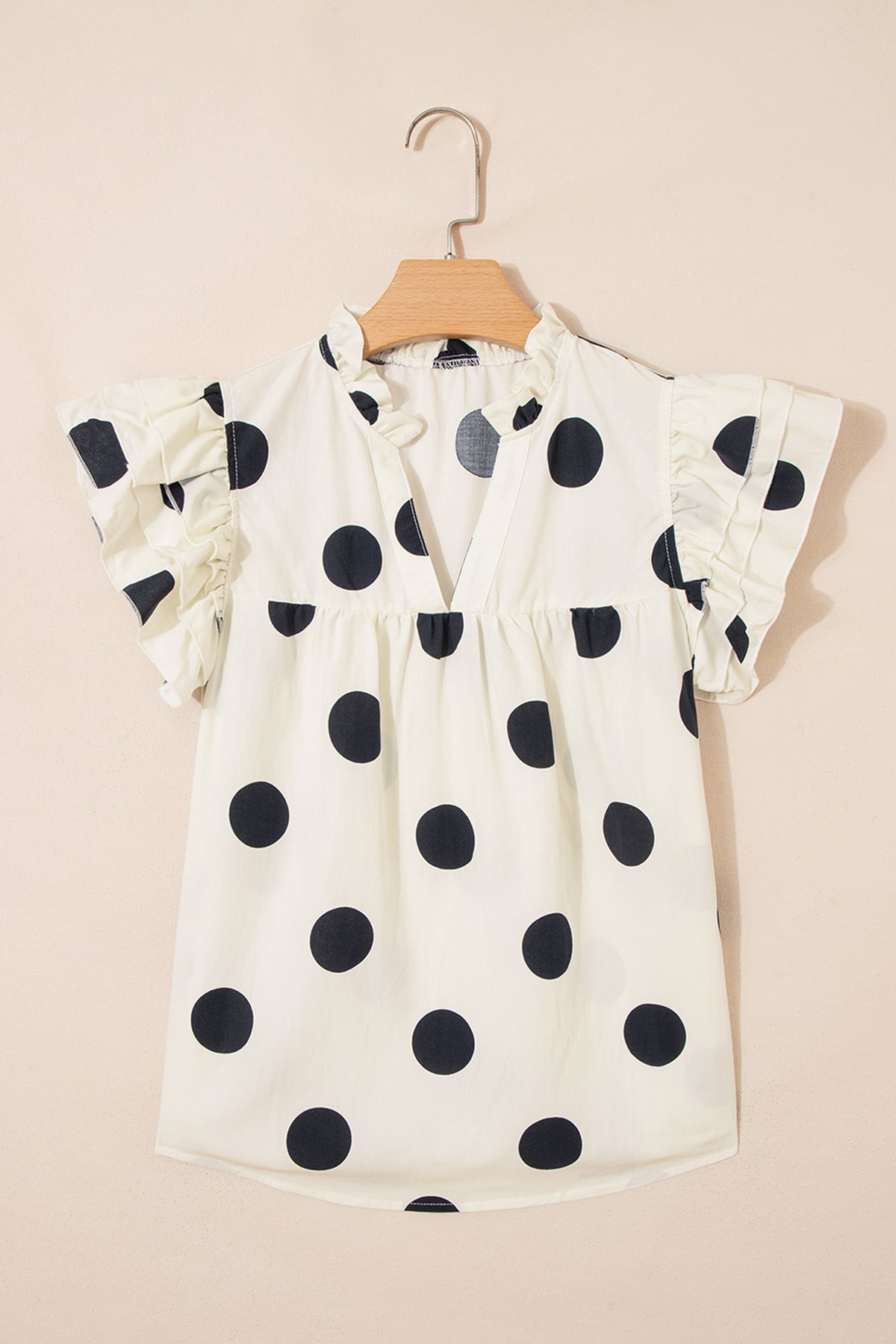 Apricot Casual Polka Dot V-Neck Ruffle Short Sleeve Shift Blouse