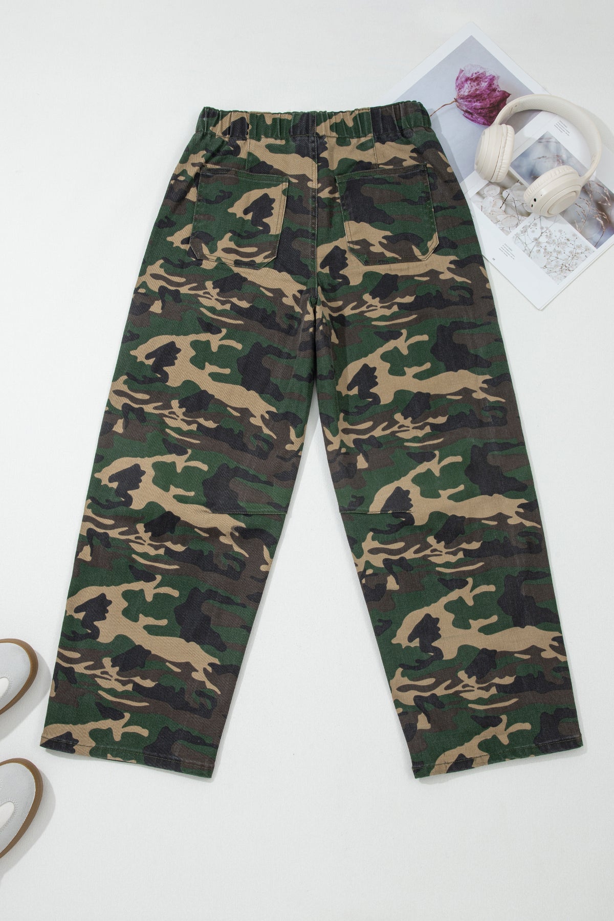 Green Camouflage Print Drawstring Patch Pocket Ankle Length Jeans