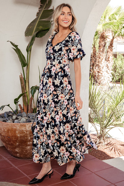 Blue Short Sleeve Smocked Detail High Waist Floral Maxi Dress