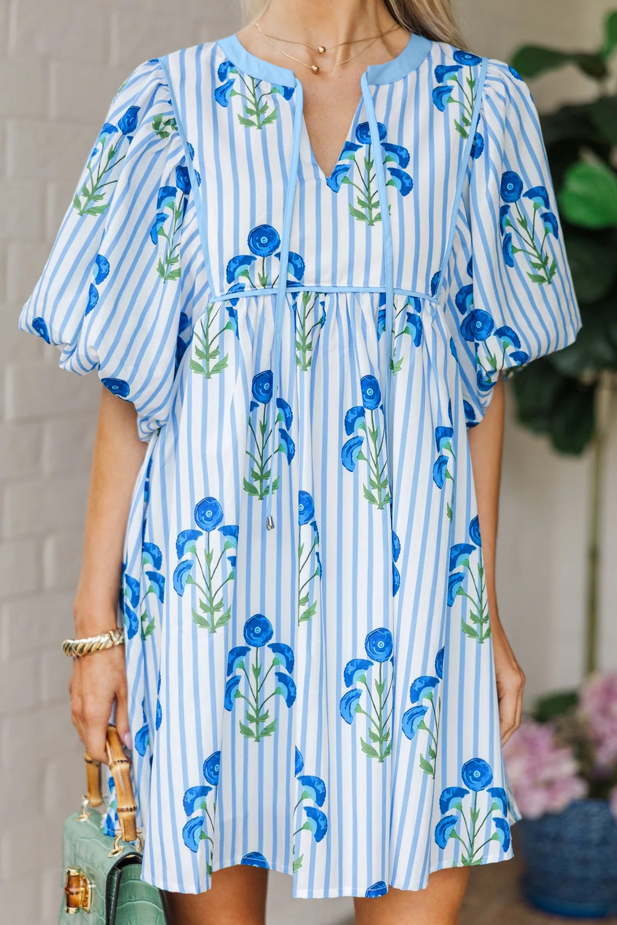 Pink Floral Striped Print Tie Notched Neck Puff Sleeve Flared Mini Dress