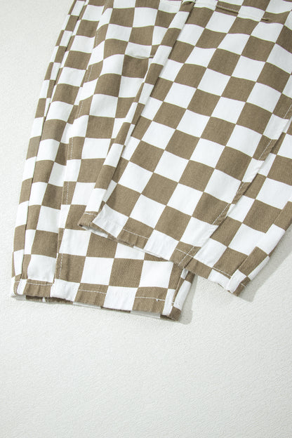 White Checkered Print Denim Barrel Pants
