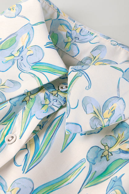 Green Floral Print Shirtcollar Buttoned Short Sleeve Shift Dress